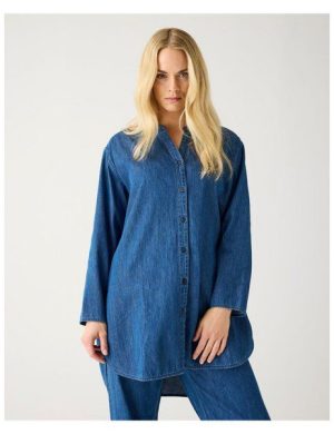 KnowledgeCotton Apparel Langes Denim Blusenhemd aus Bio-Baumwolle ROC/GOTS/Vegan