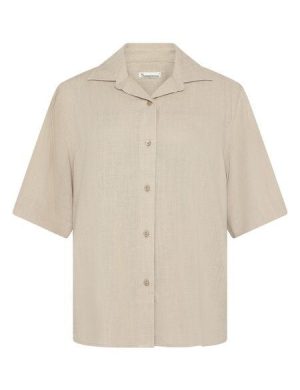 KnowledgeCotton Apparel Lockere Kurzarmbluse aus Ecovero und Bio-Leinen