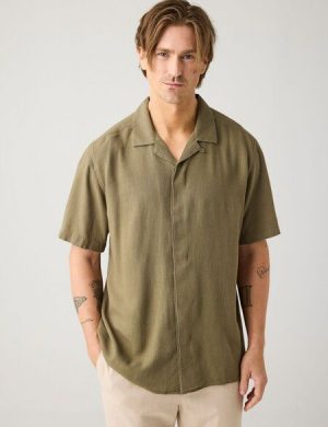 KnowledgeCotton Apparel Lockeres Kurzarmhemd MOSS aus Ecovero und Bio-Leinen