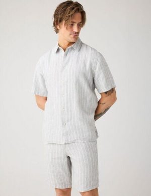 KnowledgeCotton Apparel Lockeres Kurzarmhemd Pinstriped aus Bio-Leinen