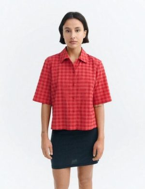 thinking mu Red Checks Seersucker Ane Blouse