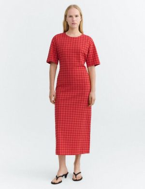 thinking mu RED CHECKS SEERSUCKER KINA DRESS